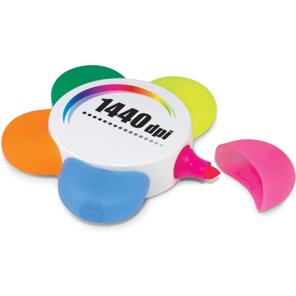 A flower-shaped highlighter set with pink, orange, green, and blue colours, featuring a central red highlighter.