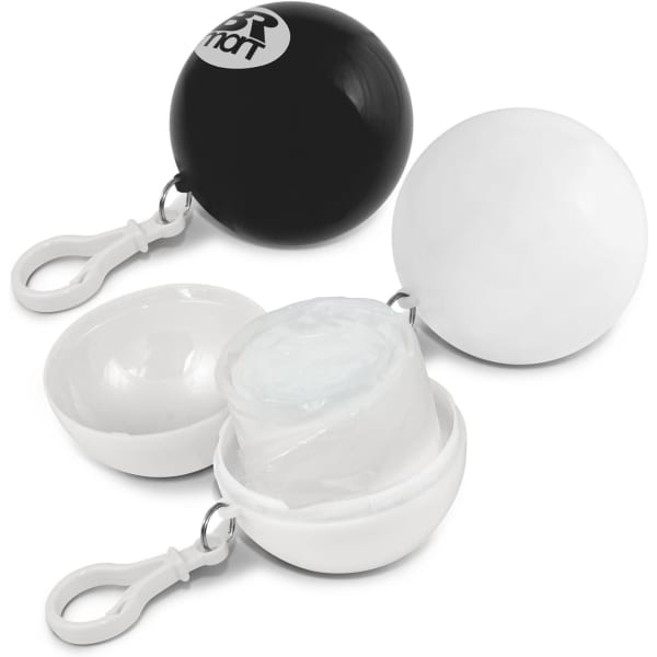A black and white ball-shaped container with a clip, housing a roll of raincoat. Features branding on the surface.