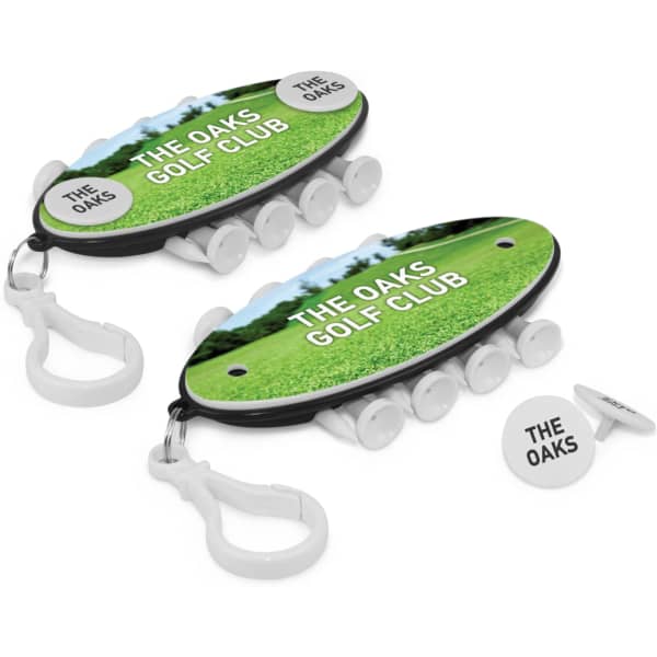 A multi-functional golf tool with a black and white design, featuring a logo and golf tee attachments.