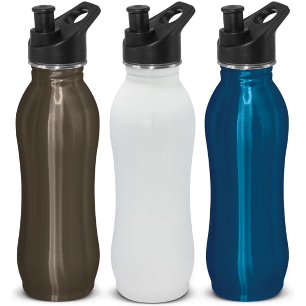 A drink bottle set featuring three metallic bottles in green, white, and blue, each with a black spout and lid.