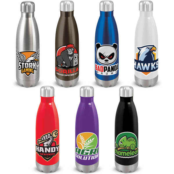 A drink bottle collection featuring stainless steel and coloured bottles in red, blue, black, purple, and white, each with a logo.