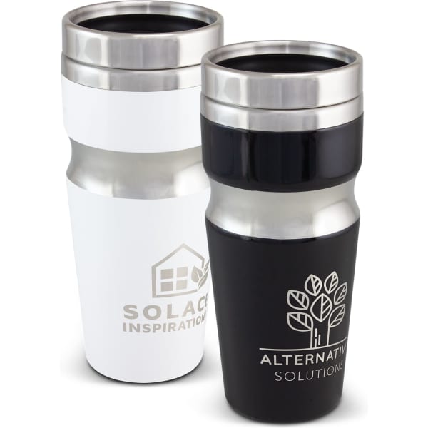 A drink bottle set featuring a white and a black stainless steel tumbler, each with a logo on the side.