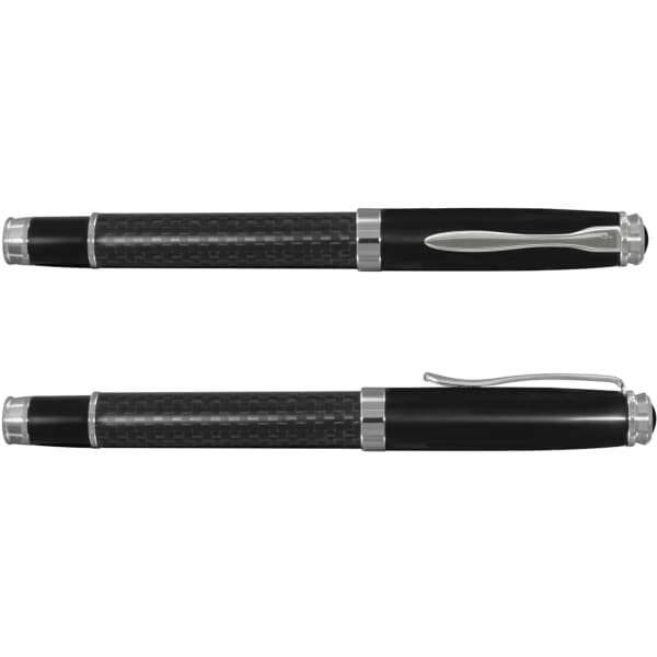 A black metal pen with a sleek design and chrome accents, featuring a logo. The pen has a textured grip and a clip.