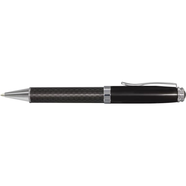 A metal ball pen in black with a silver clip and detailing, featuring a textured grip and glossy finish.