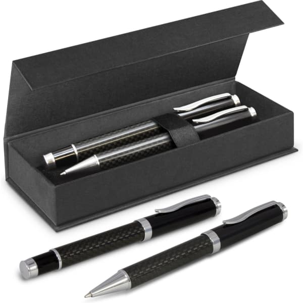 A black pen set with two pens in a sleek box featuring a charcoal sleeve, complete with silver accents and branding.