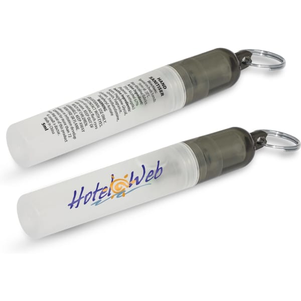 A transparent mini hand sanitiser keyring in grey with a silver keyring attachment. Features a logo on one side.