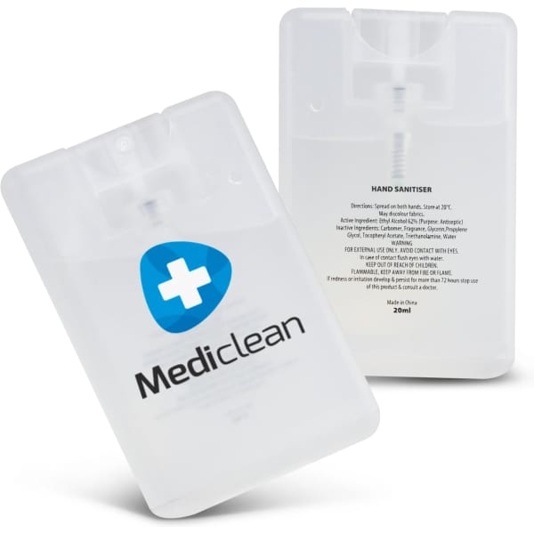 A transparent sanitiser card with a logo and detailed information on the back, containing 20ml of hand sanitiser.