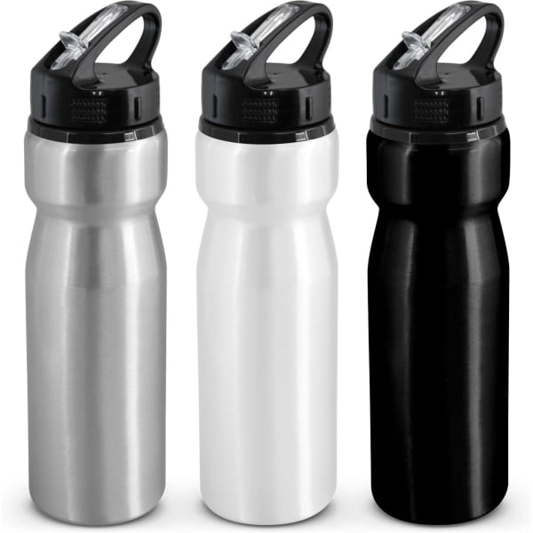 A drink bottle set featuring three variations: silver, white, and black, each with a flip cap and a handle.