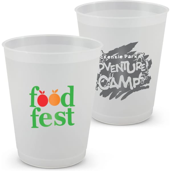A set of two plastic cups, one clear with green and red text and another in grey with a logo.