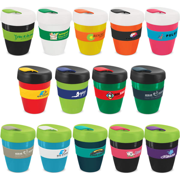 A range of reusable coffee cups in various colours, featuring lids and some with logos, arranged in a grid.