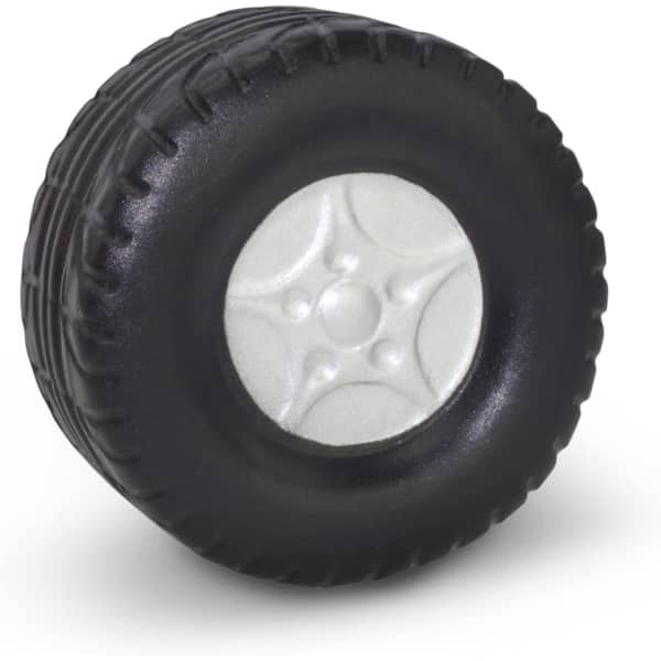 A black stress relief wheel featuring a textured tyre design and a silver wheel rim.