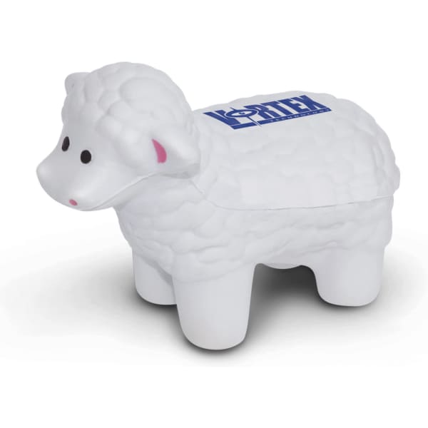 A white stress-relief sheep with textured wool and a logo on its back. Ideal for stress relief and fun.