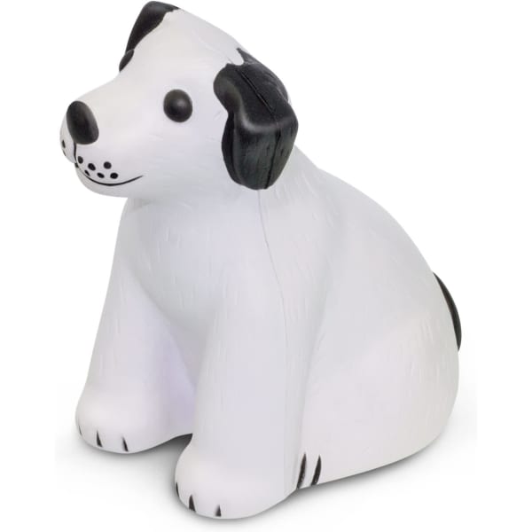 A sitting stress dog figure in white with black ears and spots, featuring a simple, playful design.