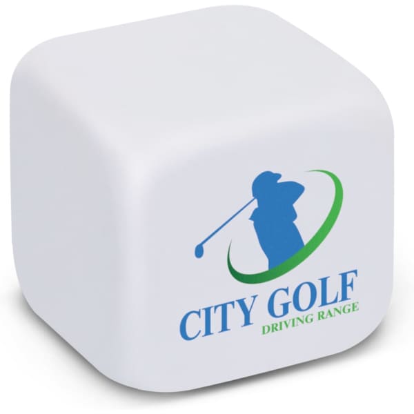 A white stress cube featuring a logo with a golfer silhouette and green accents.