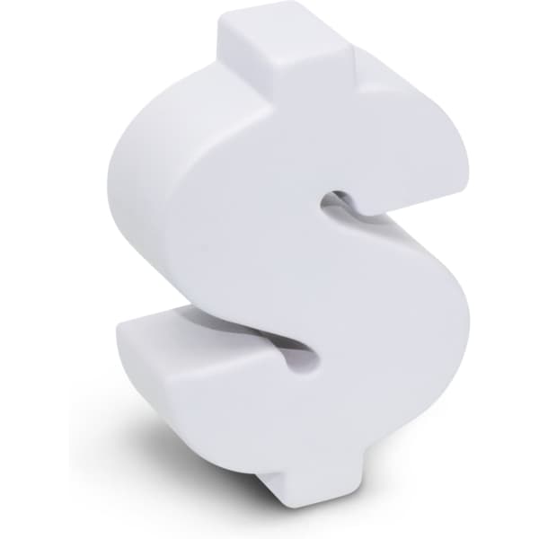 A white stress dollar shaped like a dollar sign, with a smooth, semi-matte finish.