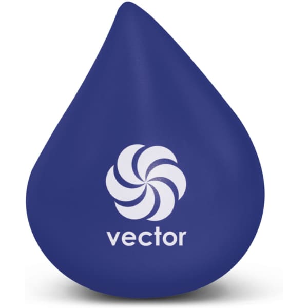A blue stress ball shaped like a water drop with a logo on the front.