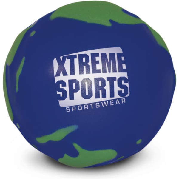 A blue and green stress globe with a logo, featuring a textured surface representing Earth.