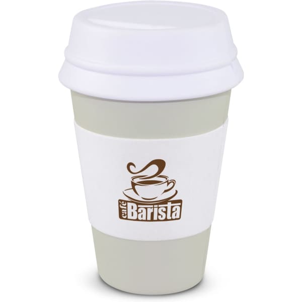 A stress-relief coffee cup in light green with a white lid and band, featuring a logo design.