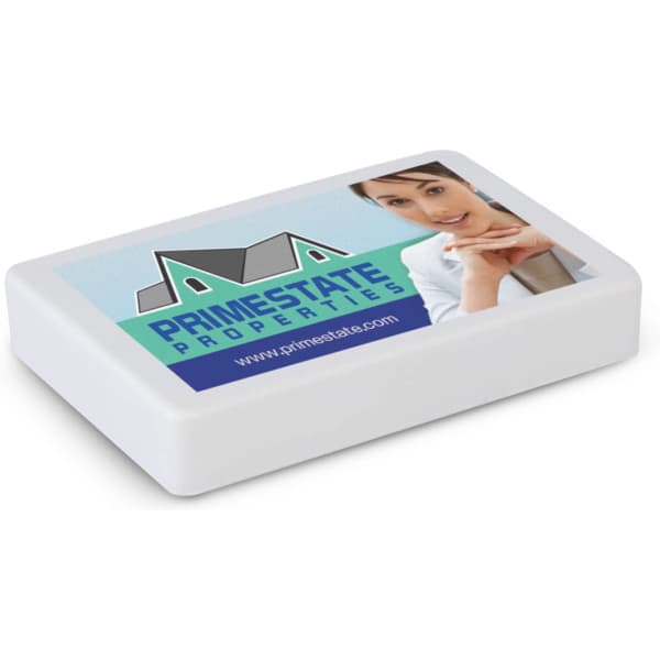 A stress business card in white with a rectangular shape and a branding logo on the top.