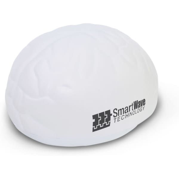 A white stress ball shaped like a brain, featuring a logo on one side.