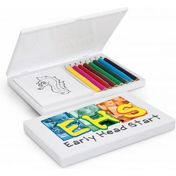 A colouring set featuring eight coloured pencils in vibrant colours, housed in a white case with a logo.