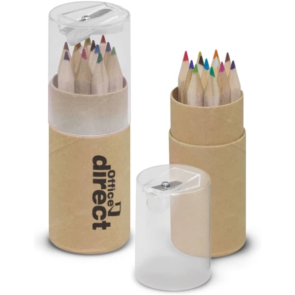 A tube containing coloured pencils in various shades, with one additional tube visible alongside. Each tube has a transparent lid.