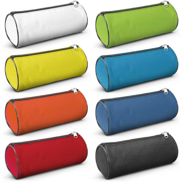 Eight cylindrical pencil cases in various colours: white, green, yellow, orange, blue, teal, red, and black. Each has a zip closure and branding.
