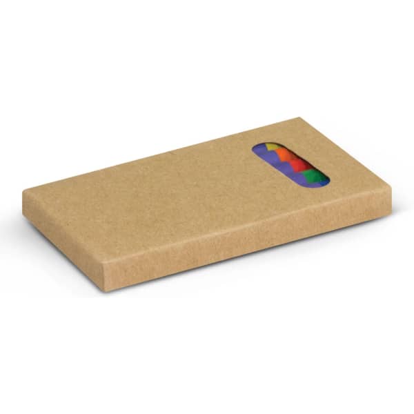 A crayon set in a brown cardboard box, featuring multiple colours visible through a transparent window.