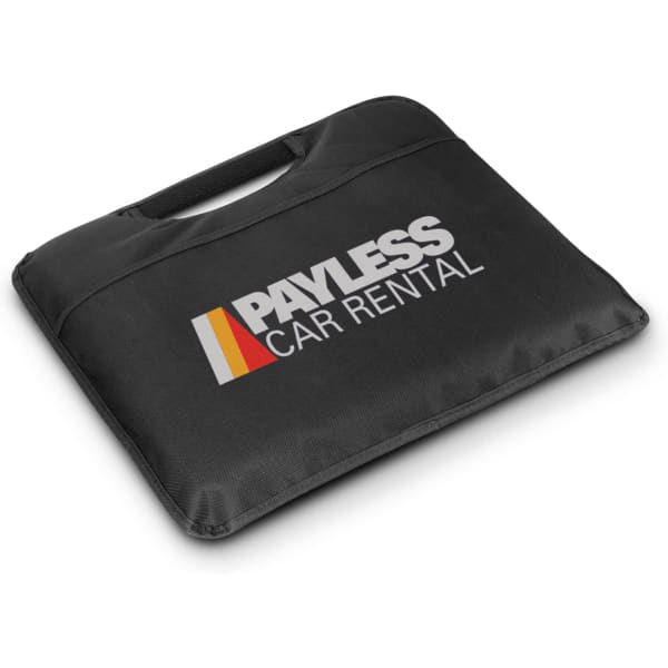 A black stadium cushion with a handle and a logo on the front, ideal for outdoor events.