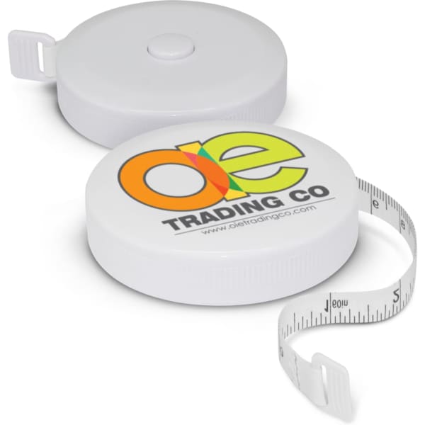 A round white tape measure with a branding logo, featuring a retractable measuring tape inside.