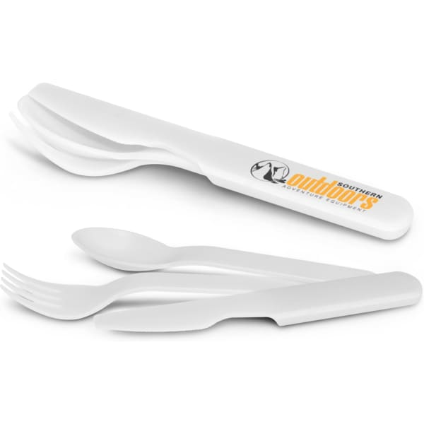 A white knife, fork, and spoon set with a knife-fork-spoon combo attachment and a logo.