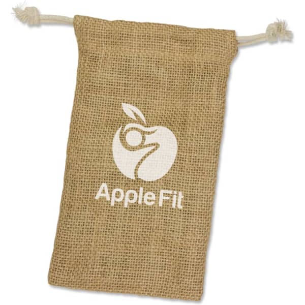 A small, natural jute gift bag with a drawstring closure and a logo on the front.