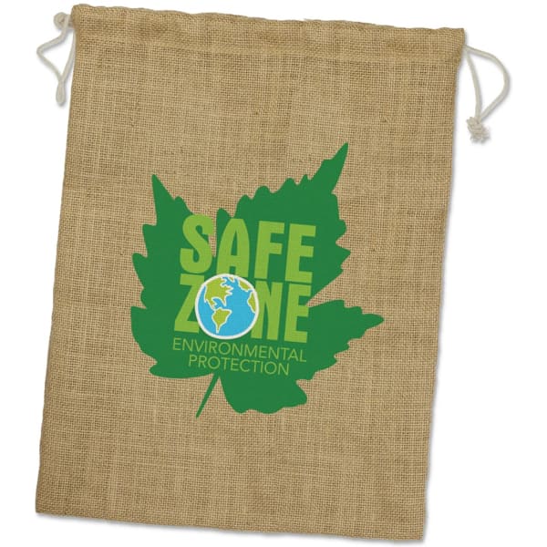 A large jute gift bag in natural brown, featuring a green leaf design and a logo.