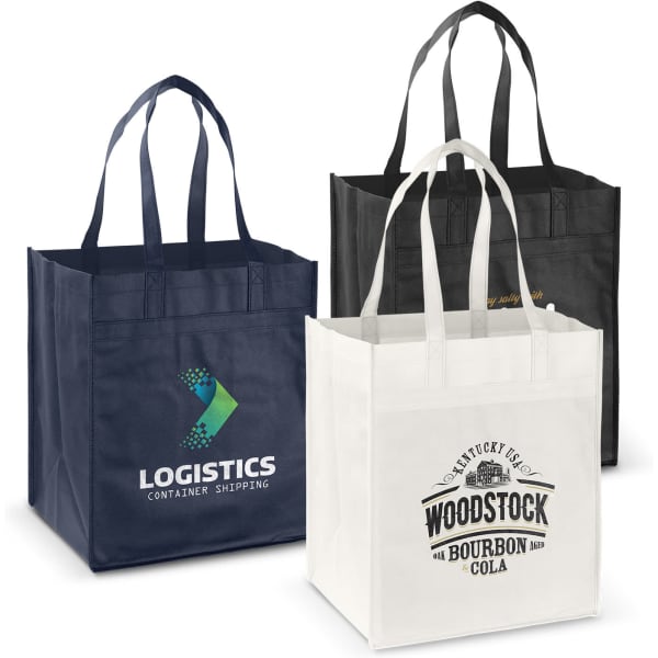Three Mega Shopper Tote Bags in navy, black, and white, each featuring different designs and a logo.