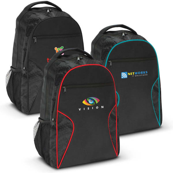 A black laptop backpack with red and teal accents, featuring side pockets and a logo on the front.