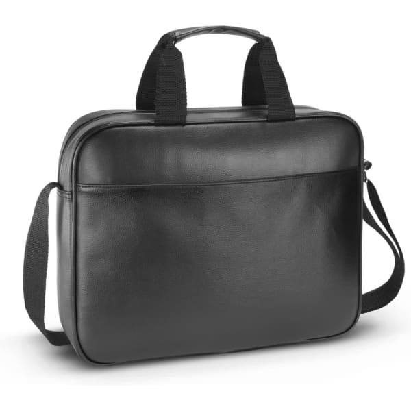 A black laptop bag with a sturdy handle and detachable shoulder strap features a front pocket and a smooth finish.