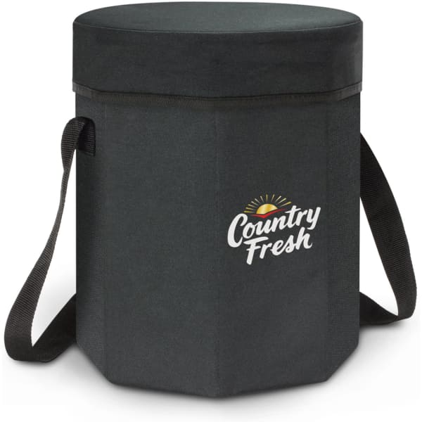 A black Igloo cooler seat with a round lid and a shoulder strap, featuring a logo on the front.