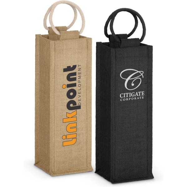 A jute wine carrier in natural tan and black, featuring loops for carrying and a logo on each bag.