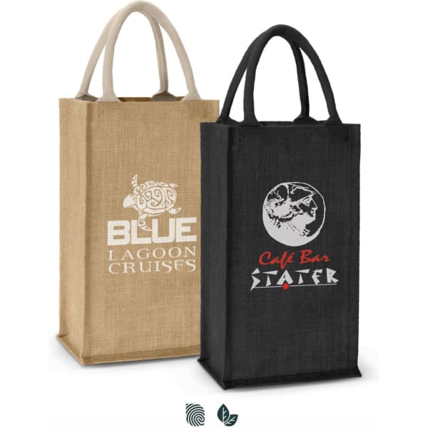 A jute double wine carrier in natural and black colours, featuring two handles and logos on each side.