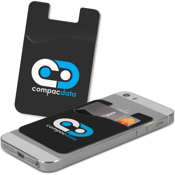 A black phone wallet with a logo, attached to a silver smartphone, holding credit cards.