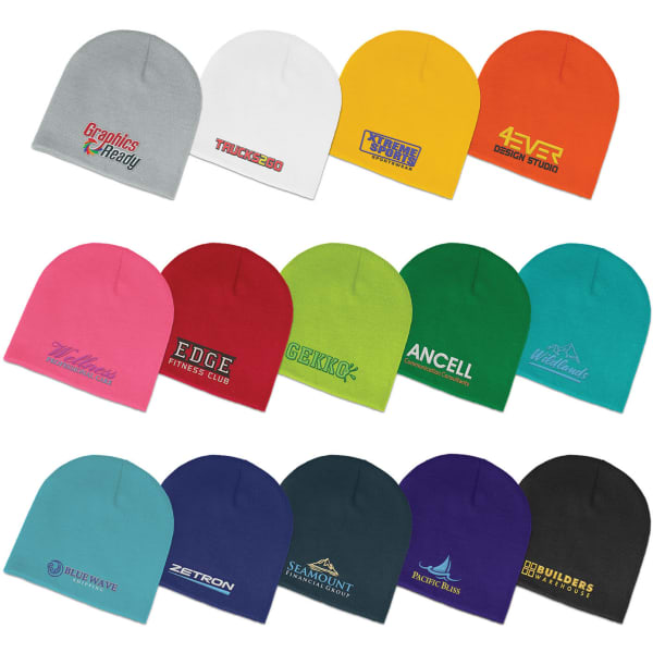 A collection of beanies in various colours, featuring different logos and designs.