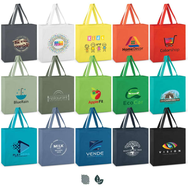 A collection of colourful cotton tote bags featuring various logos and designs in orange, blue, green, grey, and white.