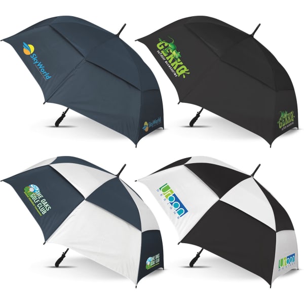 Four Trident Sports Umbrellas in various colour combinations: black, blue, and a mix of black and white, each featuring a logo.