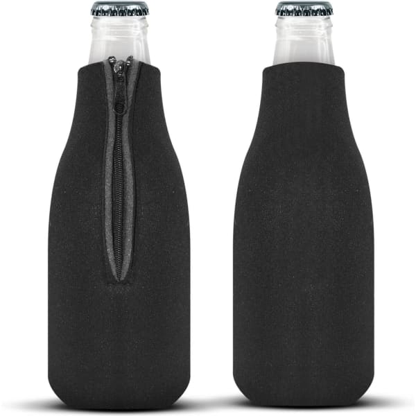 A drink bottle cooler in black, featuring a zippered design for insulation. It has a logo on the side.