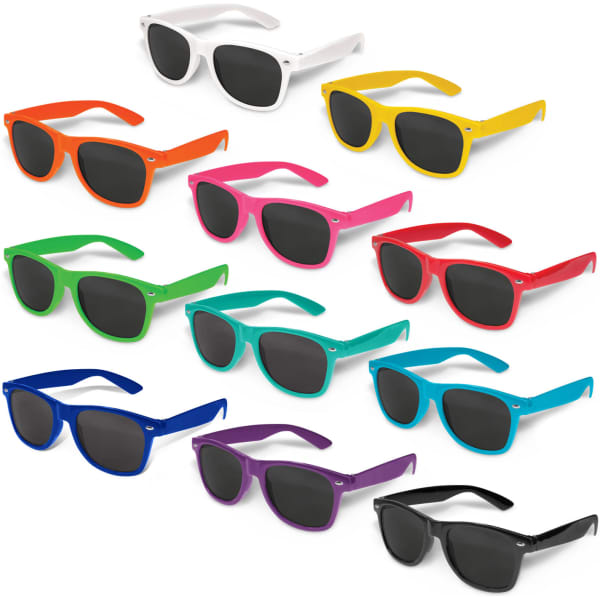 A collection of Malibu Premium Sunglasses in various colours including white, yellow, green, pink, red, blue, and purple.