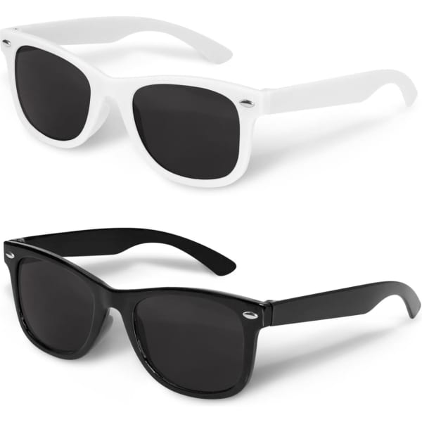A pair of sunglasses featuring a white frame with dark lenses and a black frame with dark lenses, both with branding.