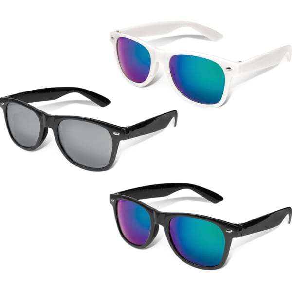 Malibu Premium Sunglasses featuring mirror lenses in black and white frames, with a logo on the side.