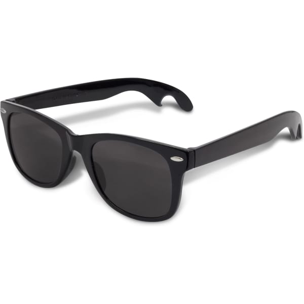 A drink bottle opener in the shape of black sunglasses, featuring a sleek design and sturdy frames.