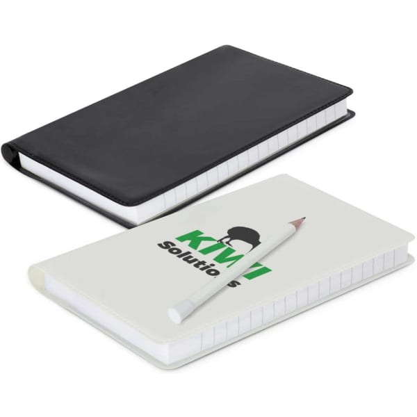 A black and a white notebook with a simple design and a pencil beside them. Each notebook has a logo.