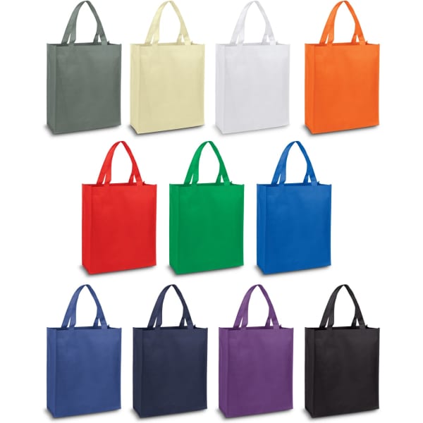 A variety of Kira A4 Tote Bags in grey, yellow, white, orange, red, green, blue, purple, and black, with handles and branding.
